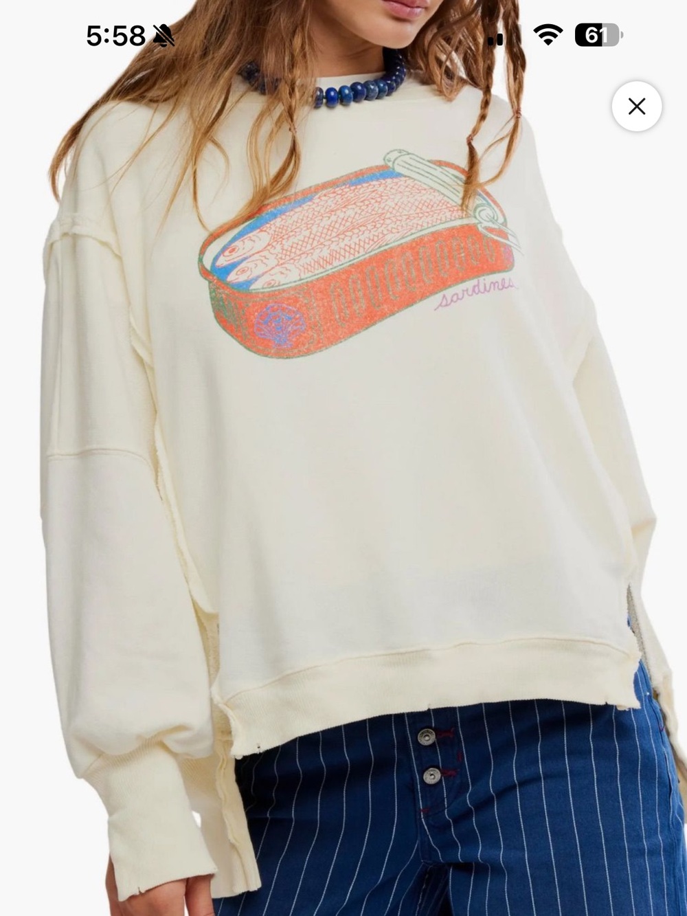 Free People Camden Cream Graphic Sardine Can Sweatshirt